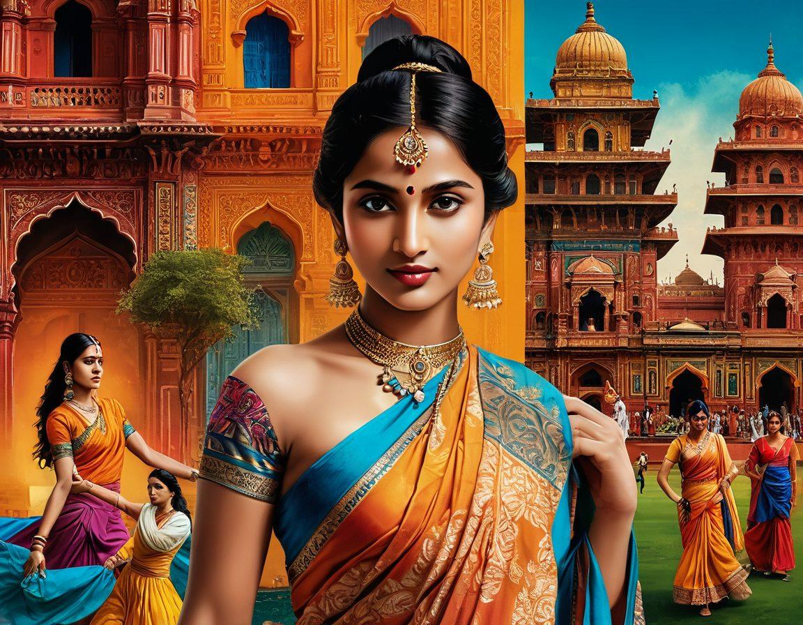 A vibrant collage capturing the essence of Hindi culture, showcasing an array of elements like classic novels, traditional dance forms, iconic cinema posters, colorful festivals, and ornate textiles. The background features a blend of lush heritage sites and modern cityscapes, symbolizing the fusion of tradition and contemporary life. Bright, engaging colors bring each aspect to life, creating a harmonious celebration of this rich culture. digital art. vibrant colors. intricate details.