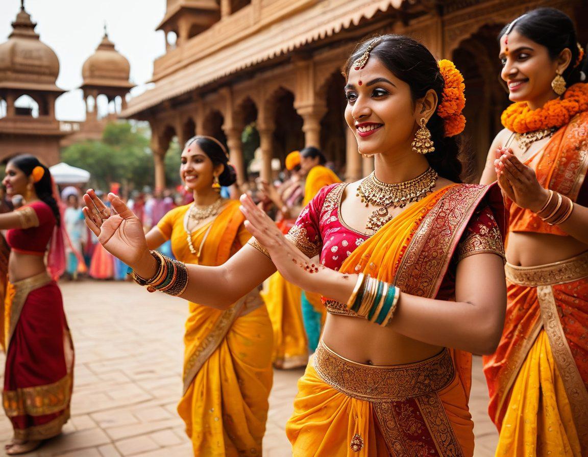 A vibrant scene depicting a colorful Indian festival celebration, featuring traditional dancers in ornate costumes, intricate henna designs on hands, and joyful musicians playing classical instruments. The background showcases iconic Indian architecture, along with decorative lanterns and marigold flowers, capturing the richness of Hindi culture and heritage. super-realistic. vibrant colors. festive atmosphere.