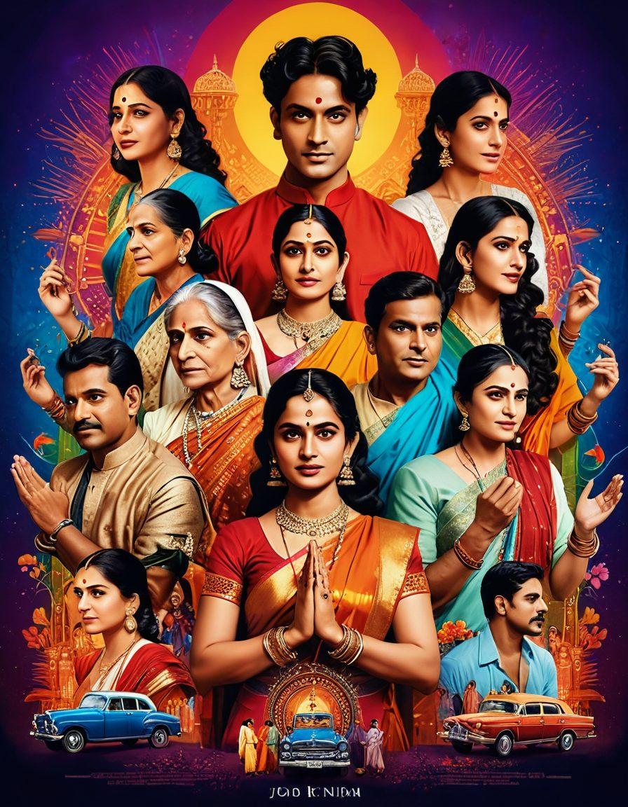A vibrant collage depicting iconic scenes from Hindi cinema, showcasing diverse characters expressing a range of emotions, traditional attire intermingled with modern elements. Background filled with a cinematic film reel and colorful festival lights, symbolizing the cultural richness of India. Include subtle motifs of classic film posters intertwined with scenes of everyday life, evoking nostalgia. super-realistic. vibrant colors. cinematic style.
